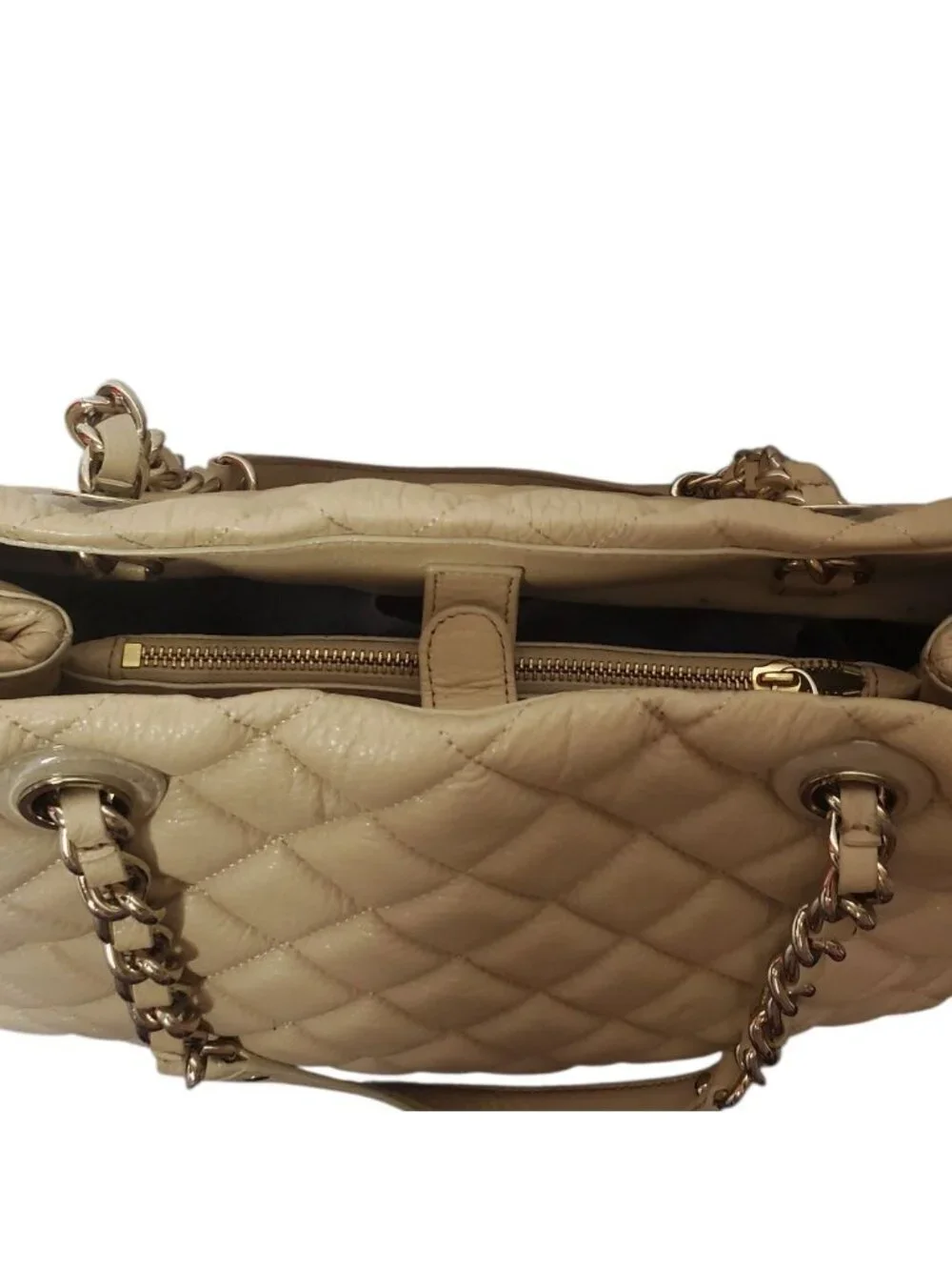 Kate Spade Georgina Quilted Leather W/Chain Link Strap Tote Bag W/Multiple Cream